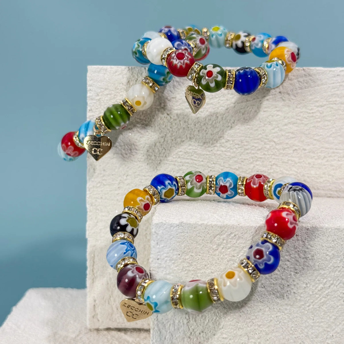 Murano Glass Millefiori Bead Elastic Bracelet, Made in Italy