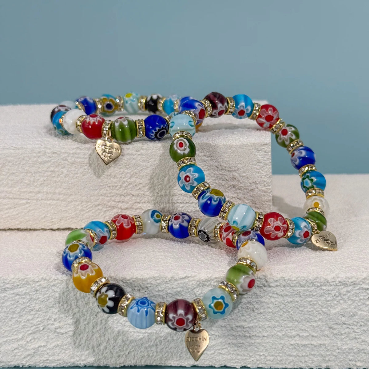 Murano Glass Millefiori Bead Elastic Bracelet, Made in Italy