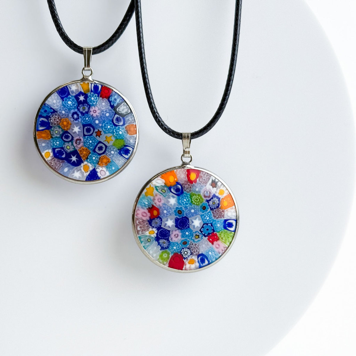 Millefiori Glass Round Disc Pendant Necklace, Multi Color, Silver