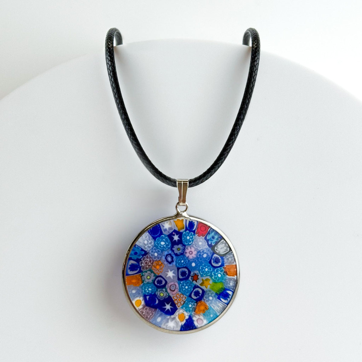 Millefiori Glass Round Disc Pendant Necklace, Multi Color, Silver