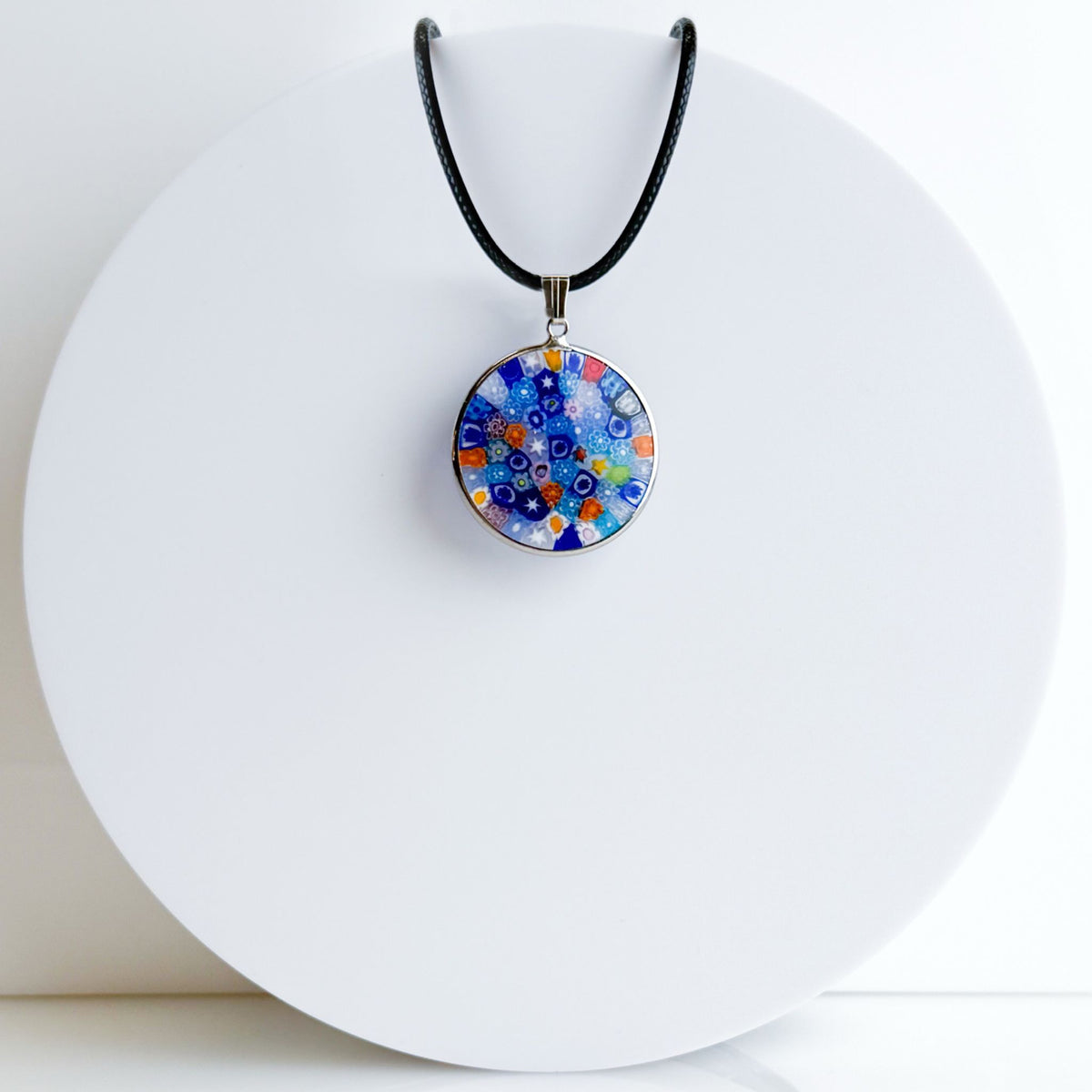 Millefiori Glass Round Disc Pendant Necklace, Multi Color, Silver