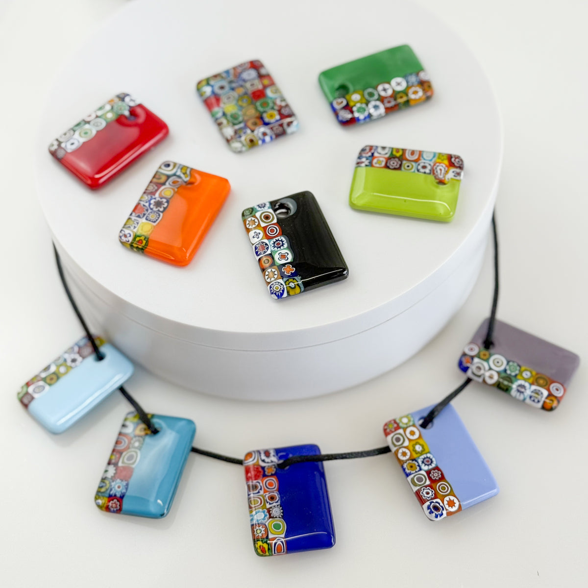 Millefiori Rectangle Pendant on cord, Made in Murano
