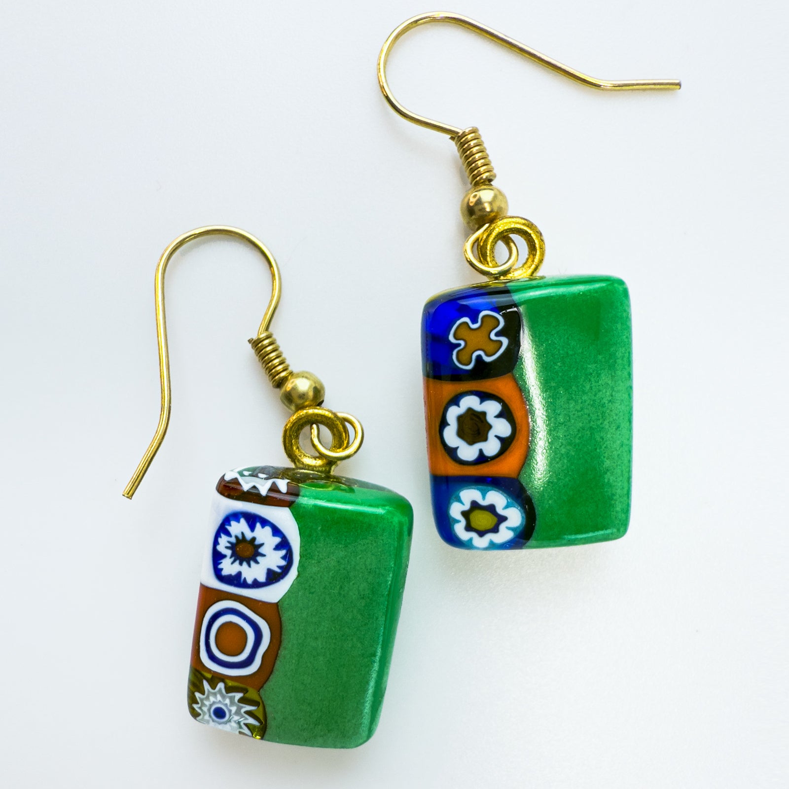 Millefiori rectangle earrings made in Murano glass, featuring vibrant colorful patterns, by My Italian Decor.