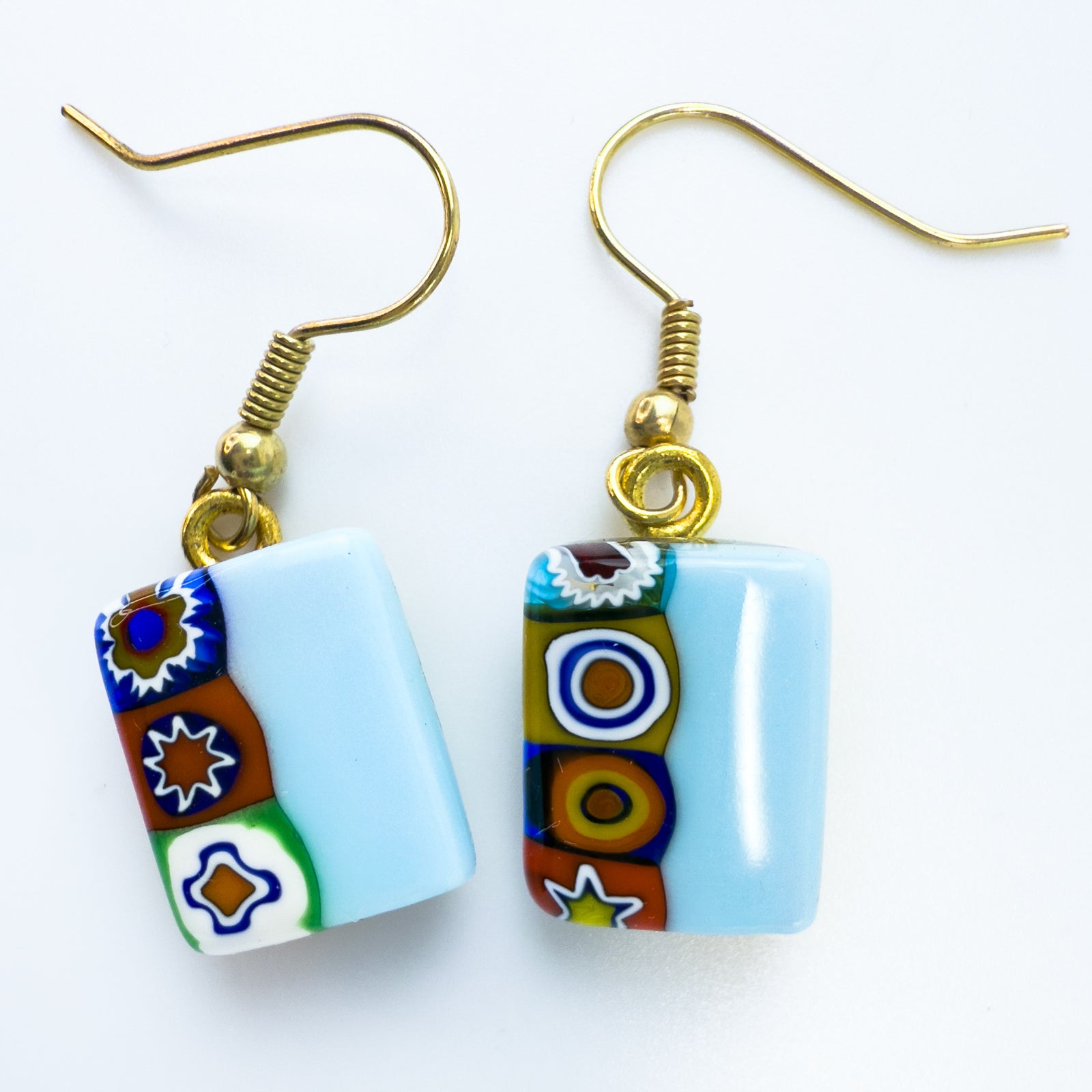 Millefiori rectangle earrings made in Murano glass, featuring vibrant colorful patterns, by My Italian Decor.