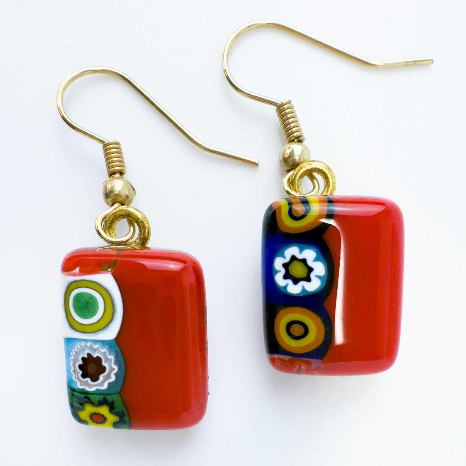 Millefiori rectangle earrings made in Murano glass, featuring vibrant colorful patterns, by My Italian Decor.