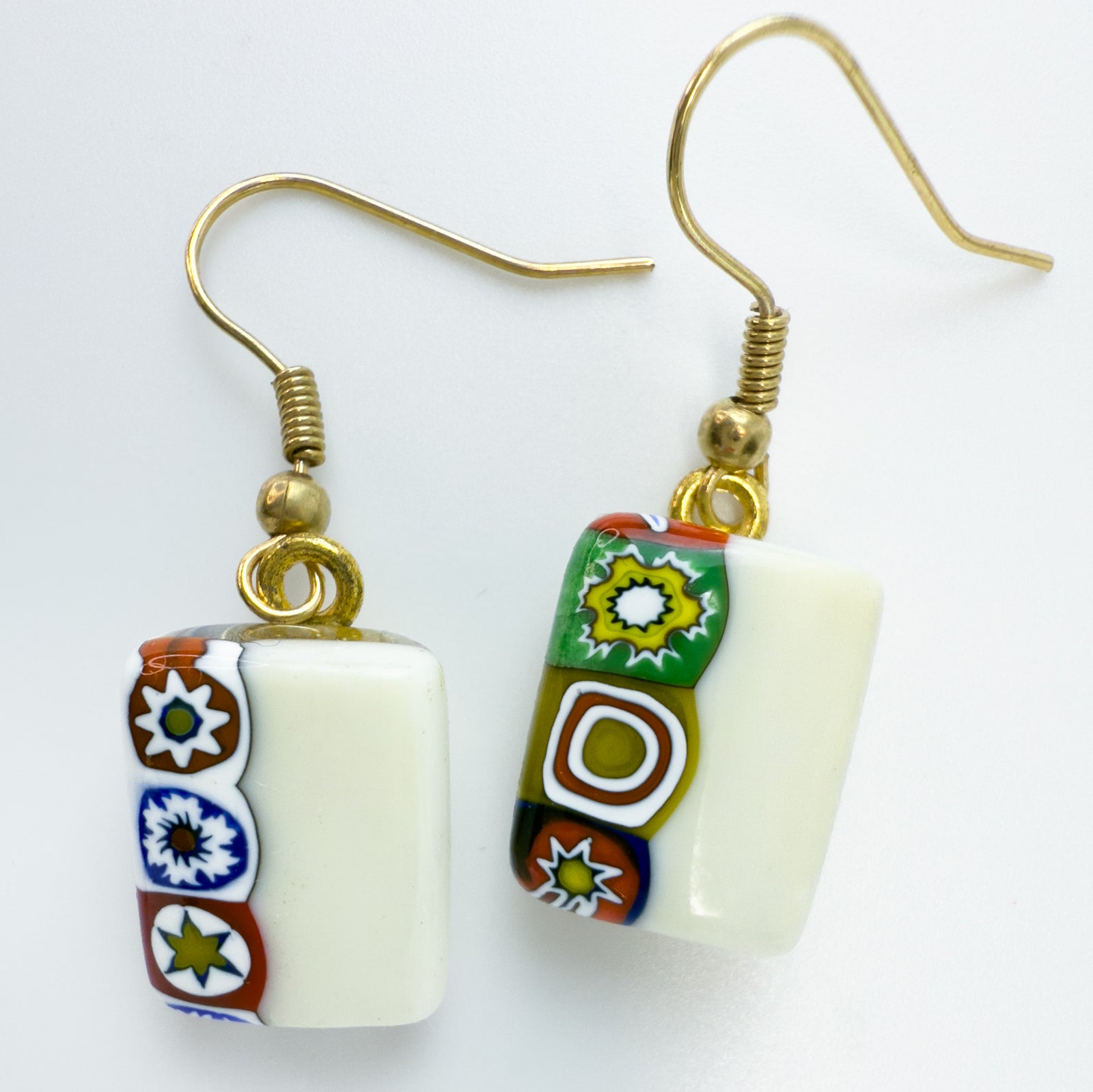 Millefiori rectangle earrings made in Murano glass, featuring vibrant colorful patterns, by My Italian Decor.