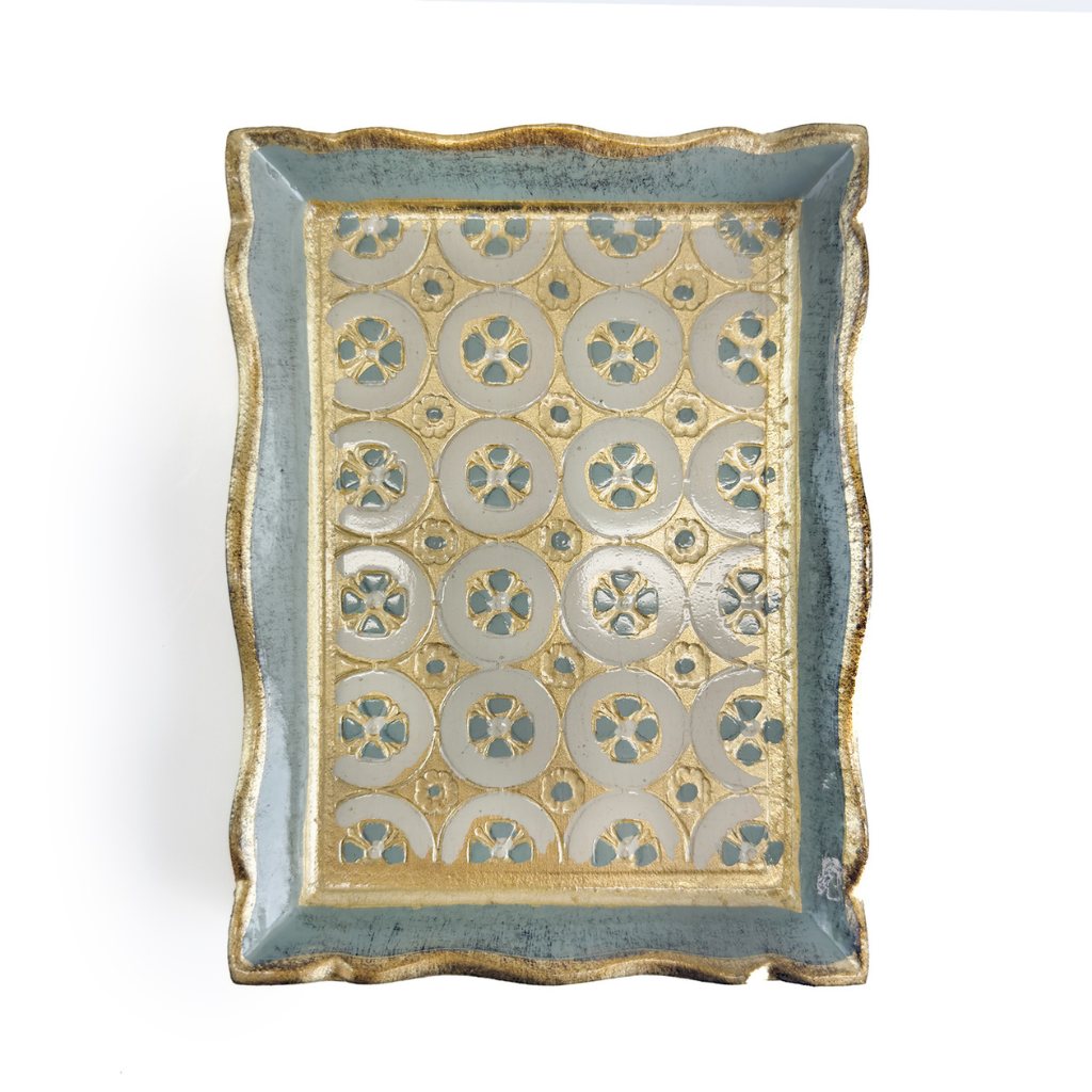 My Italian Decor Florentine carved wood rectangle tessellated mini tray with grey tessellated pattern and intricate design.