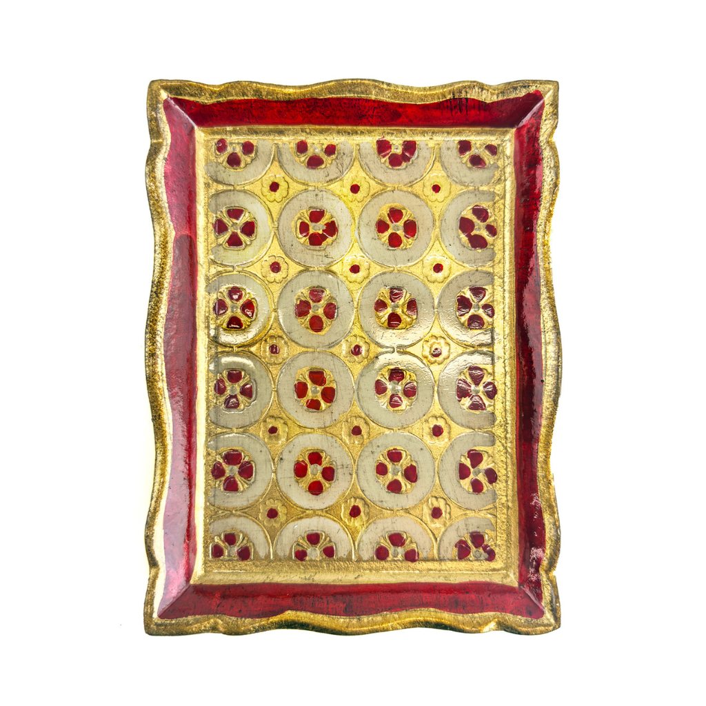 Florentine carved wood rectangle tessellated mini tray with intricate pattern, crafted by My Italian Decor.