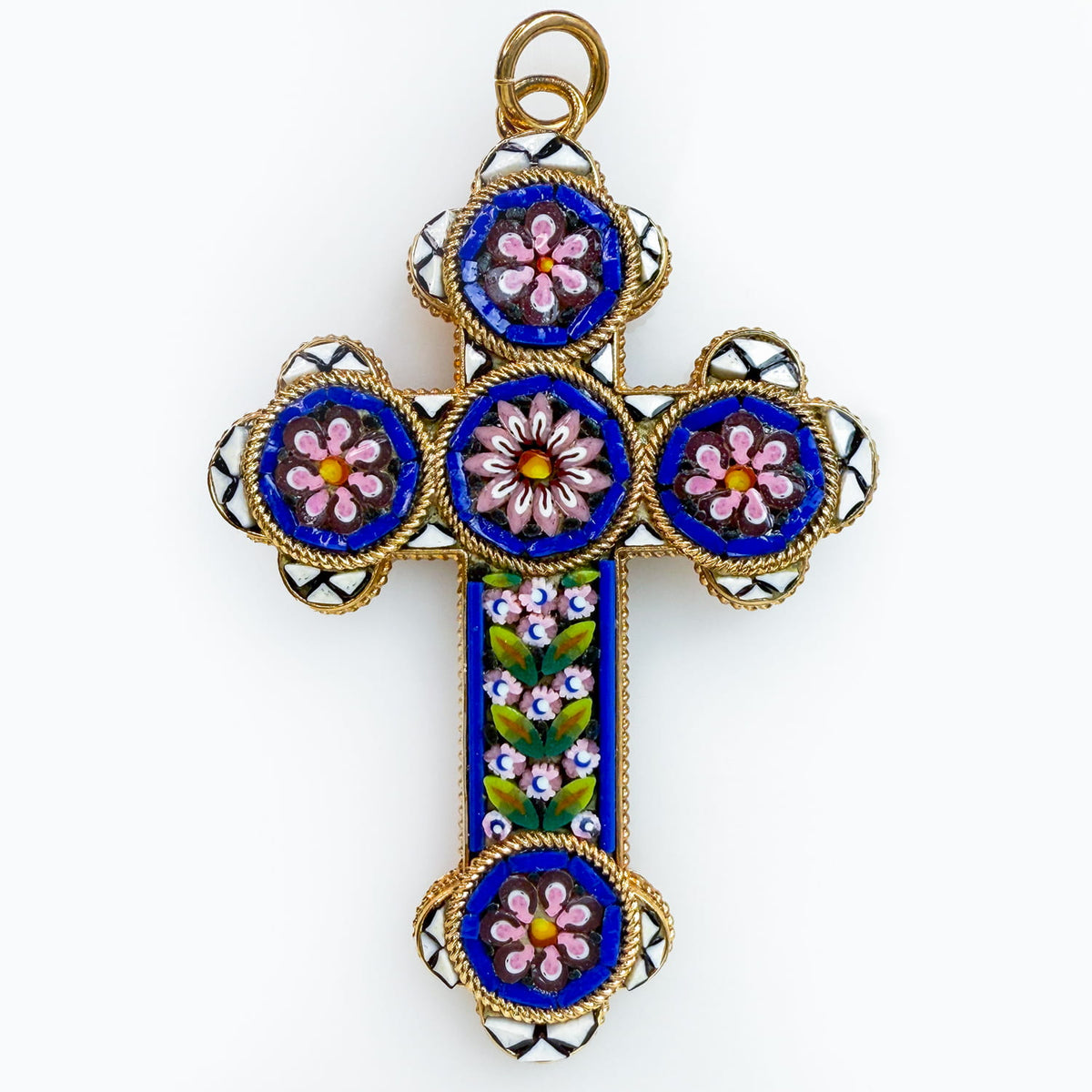 Mosaic Cross Pendant, Floral Blue, Crafted In Italy