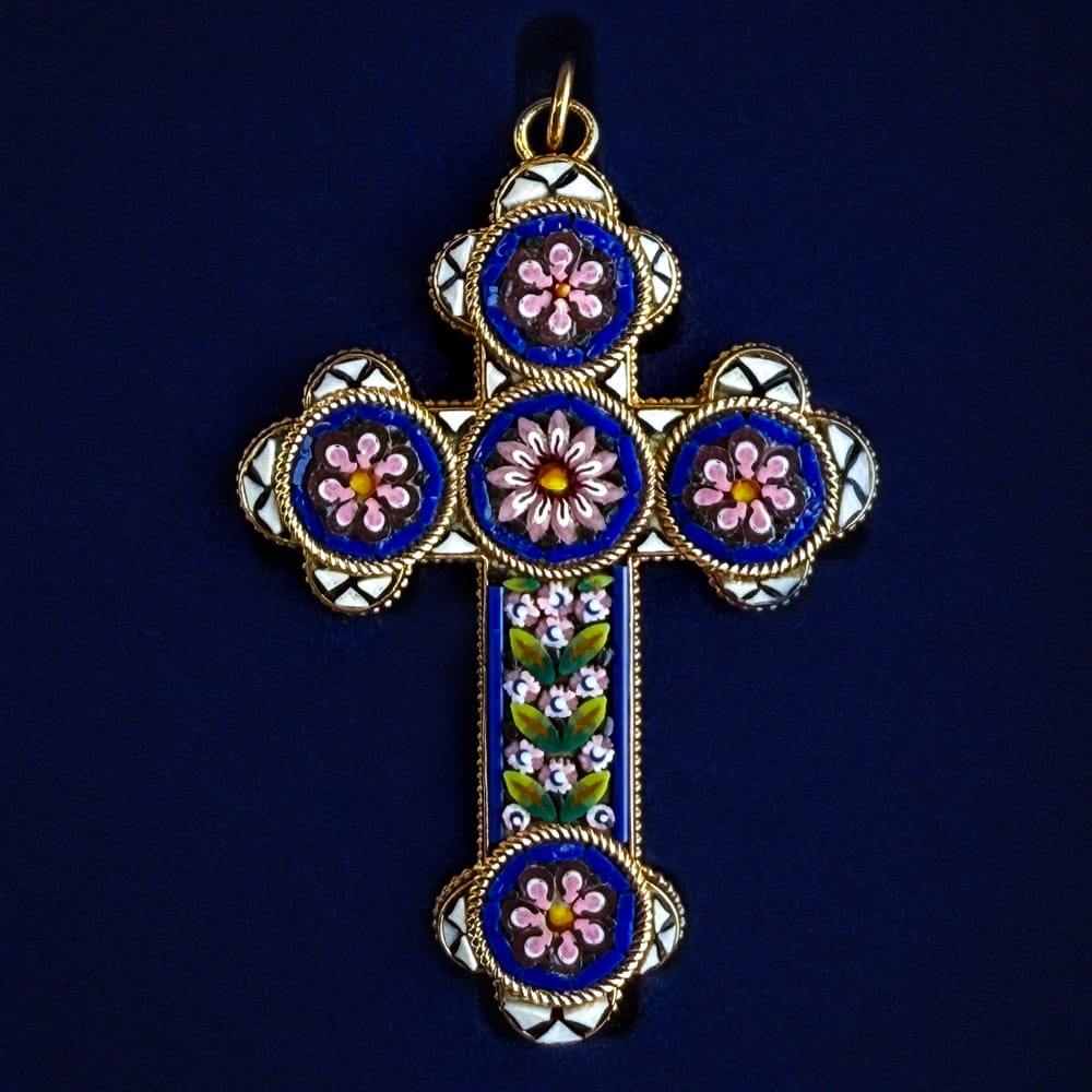 Mosaic Cross Pendant, Floral Blue, Crafted In Italy