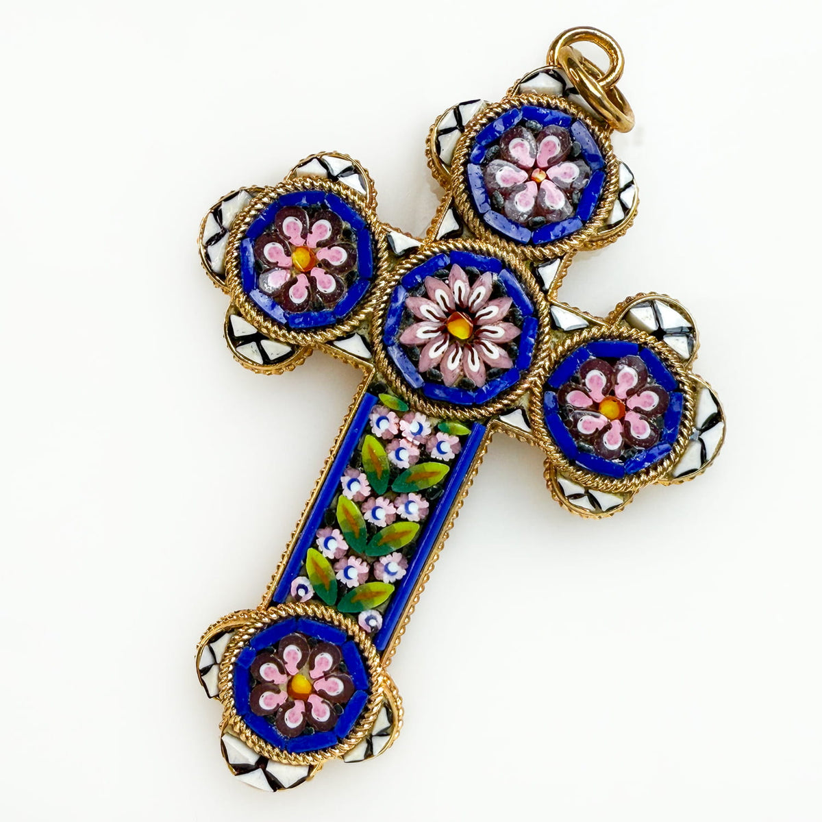 Mosaic Cross Pendant, Floral Blue, Crafted In Italy