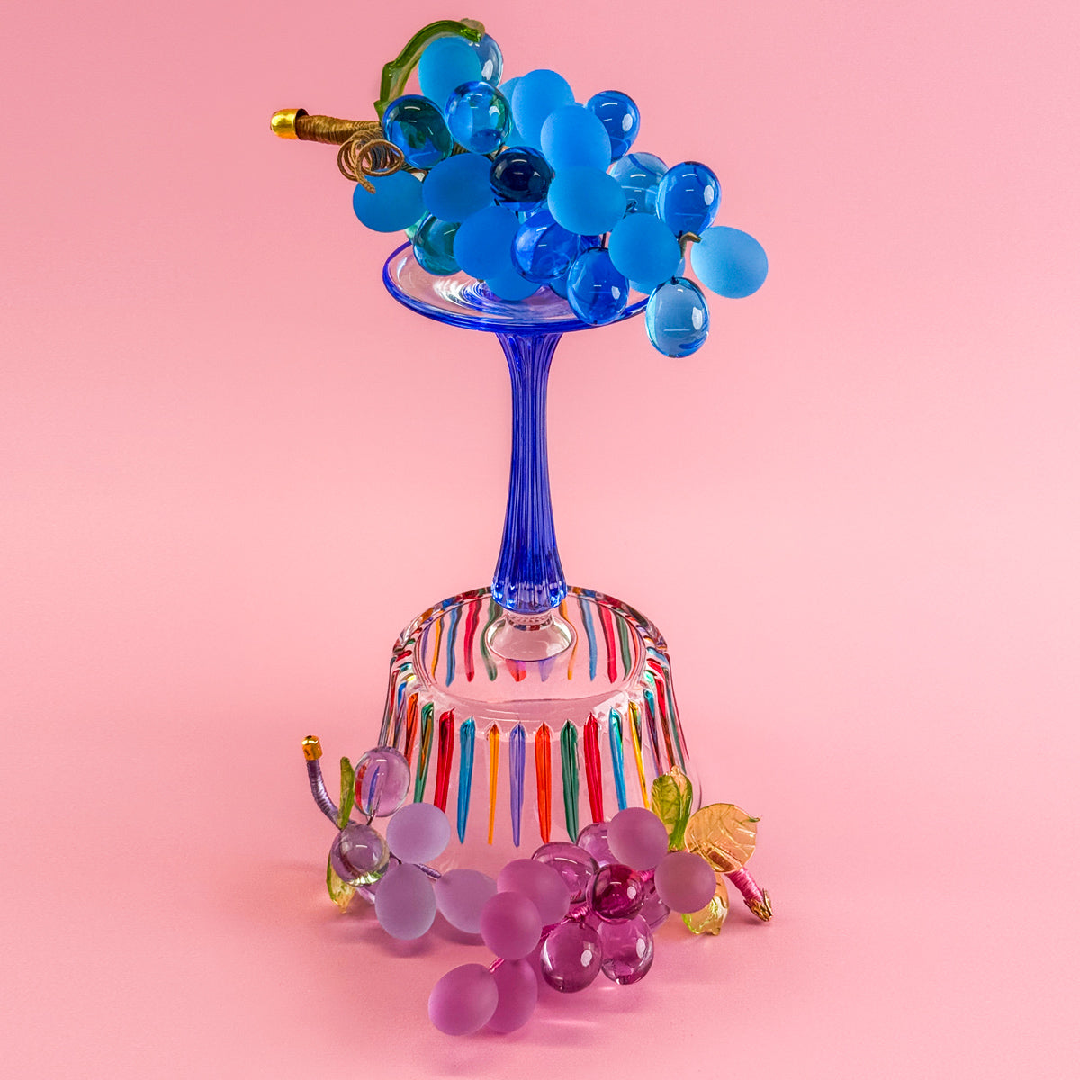Colorful Murano glass artificial grape cluster in various shades, small size, made in Italy, perfect for decorative floral arrangements.