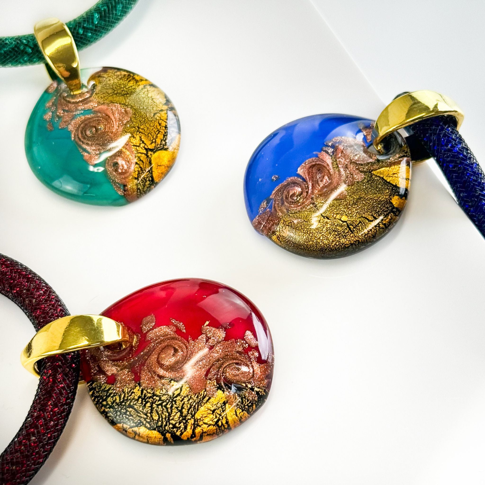 Large round Murano glass pendant necklace featuring vibrant, colorful glass charms on a chunky chain, crafted by My Italian Decor.