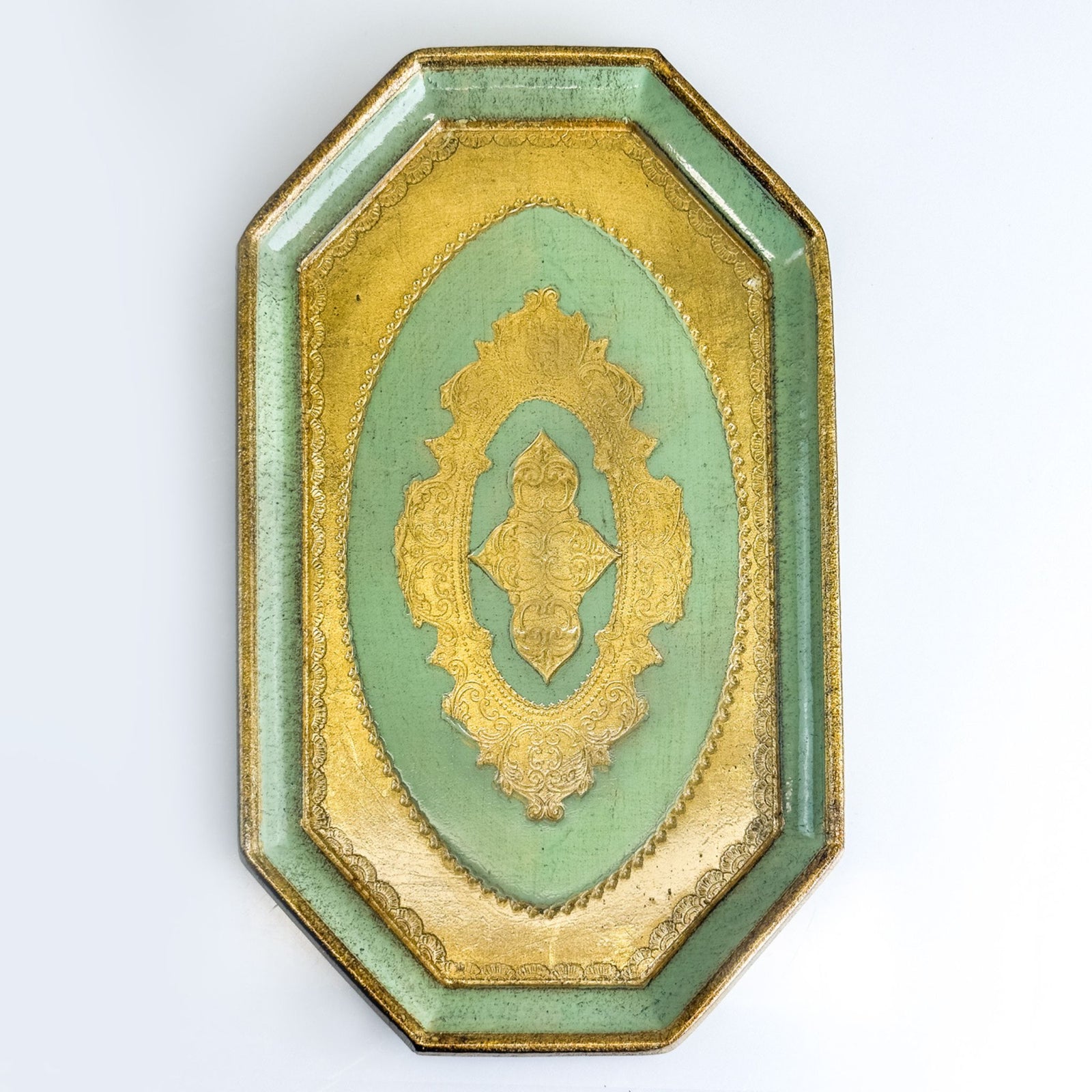 Florentine carved wood octagon mini tray with intricate patterns, made in Italy, by My Italian Decor.