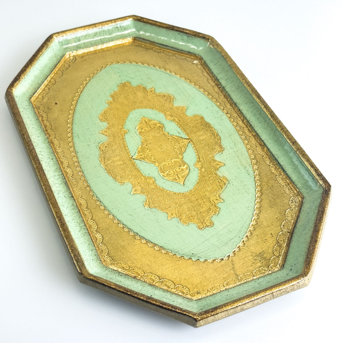 Florentine carved wood octagon mini tray with intricate details, made in Italy, by My Italian Decor, perfect for decorative or practical use.