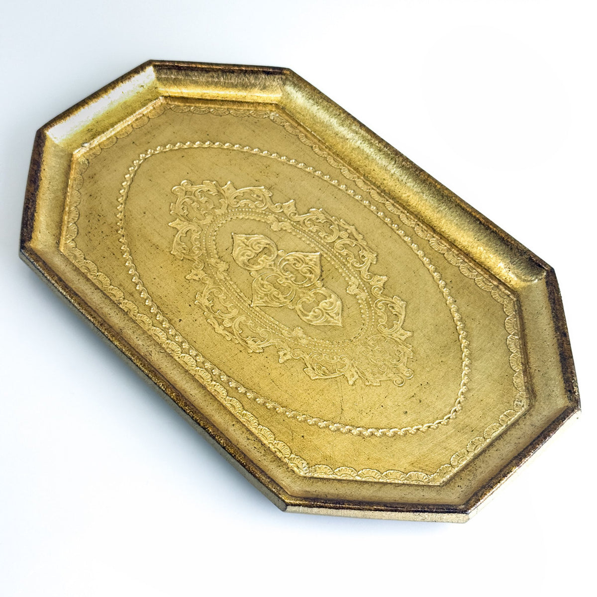 Florentine carved wood octagon mini tray with intricate patterns, made in Italy, by My Italian Decor.