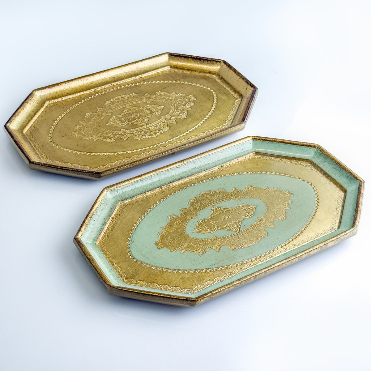Florentine carved wood octagon mini tray with intricate patterns, made in Italy, by My Italian Decor.