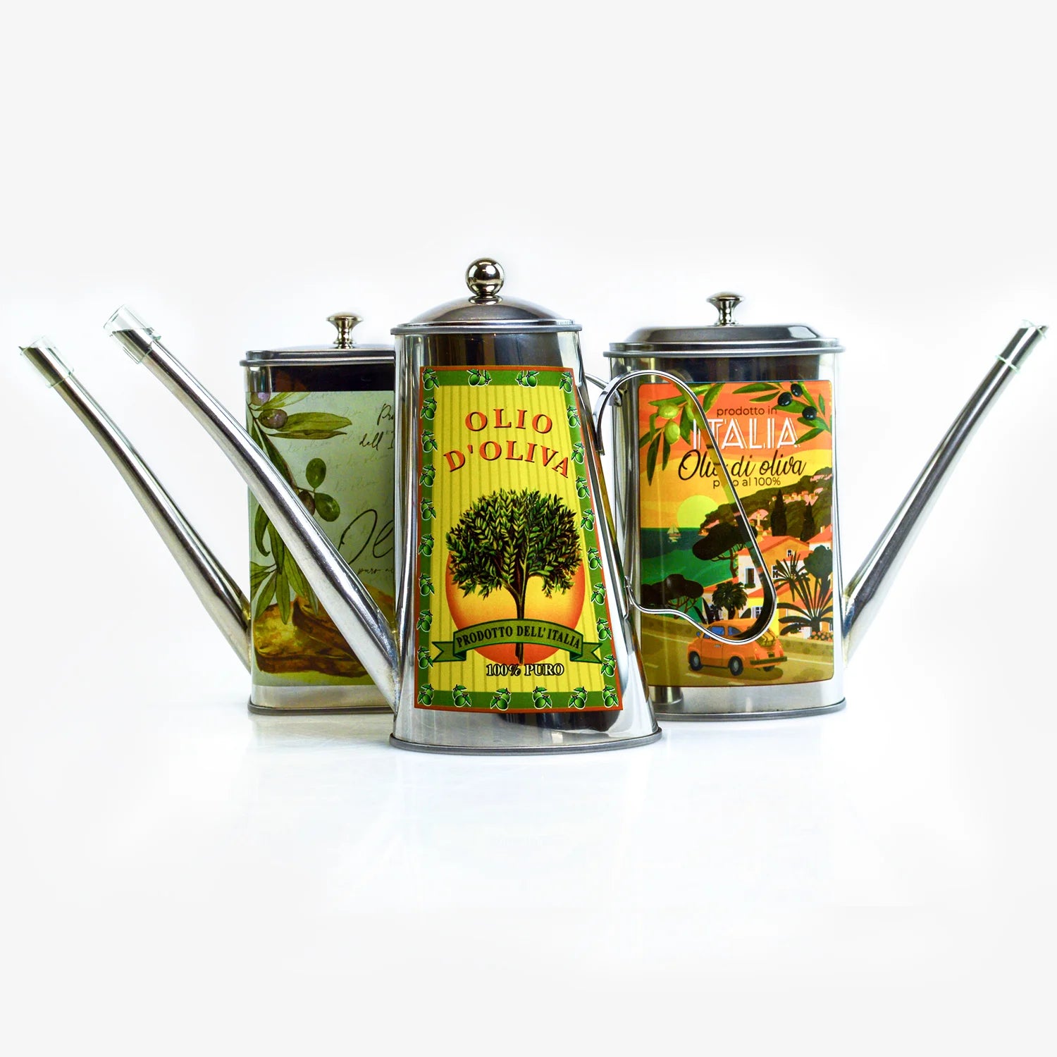 Vintage-style stainless steel oil can with engraved details, made in Italy, by My Italian Decor, displayed on a rustic wooden surface.