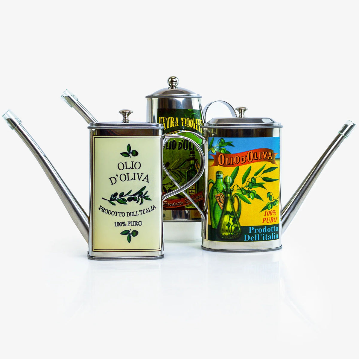 Vintage-style stainless steel oil can with a rustic design, made in Italy, ideal for kitchen or decor use.
