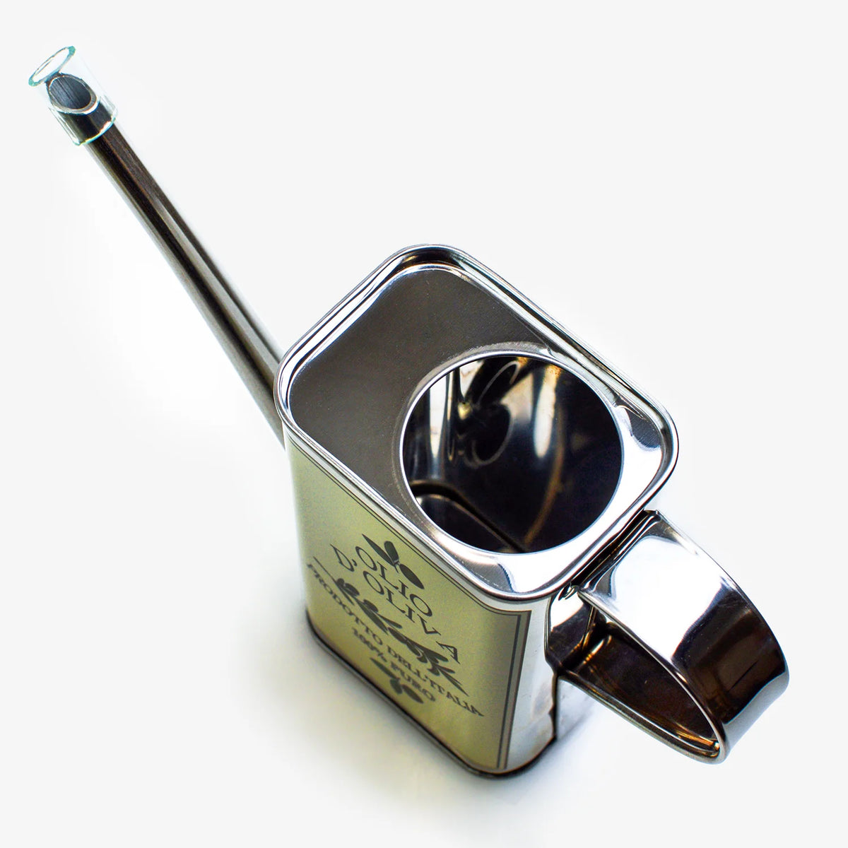 Vintage stainless steel oil can with olive branch design, made in Italy, by My Italian Decor.