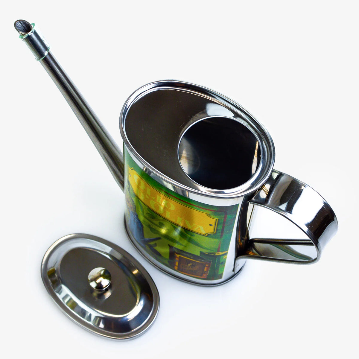 Vintage stainless steel oil can with a classic design, made in Italy, featuring a spout and handle for easy pouring.