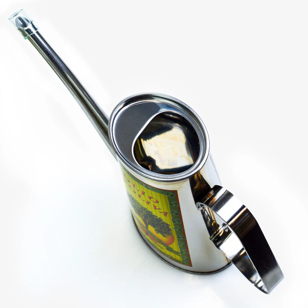 Vintage style stainless steel oil can with an antique finish, featuring a spout and handle, made in Italy by My Italian Decor.