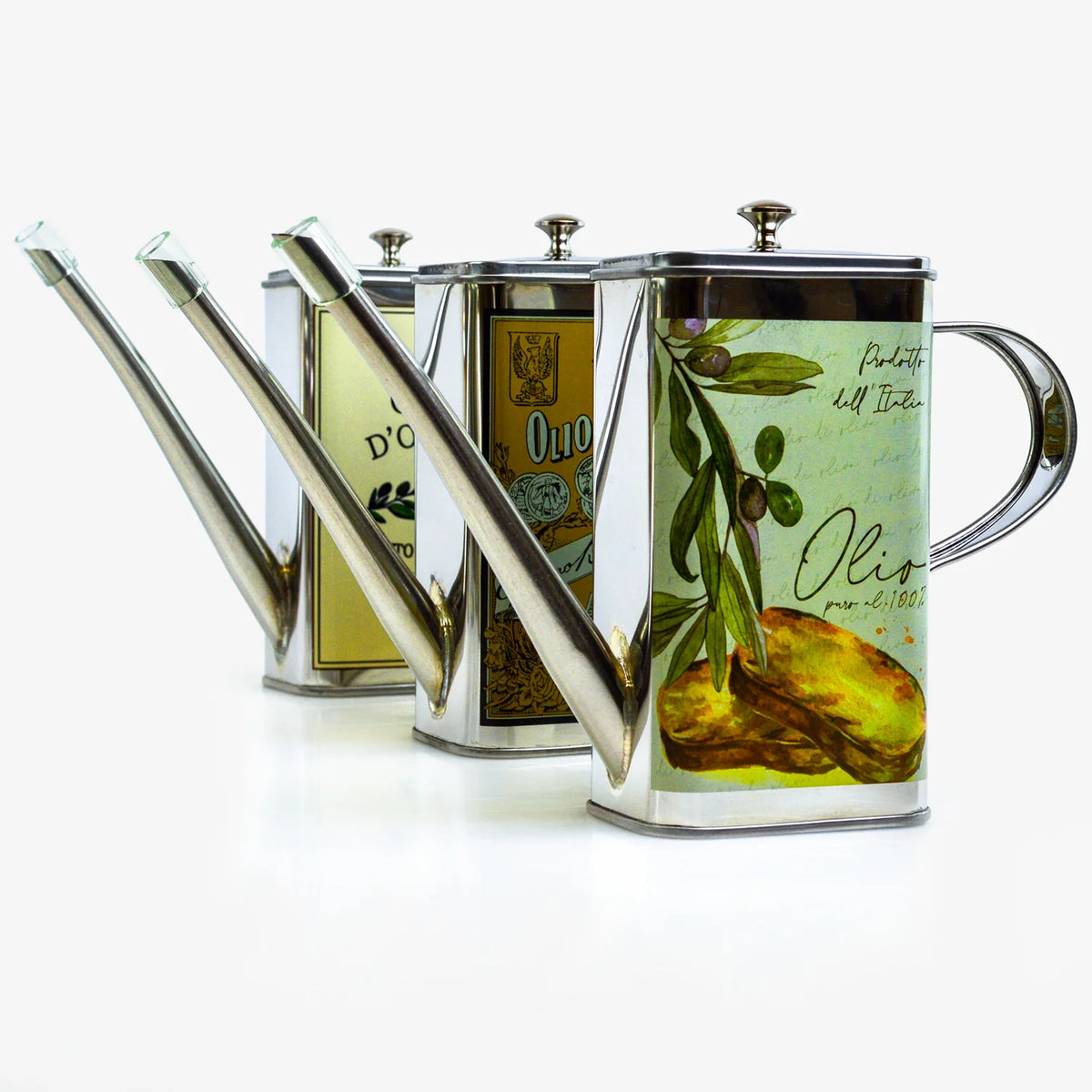Vintage-style stainless steel oil can with olive branch design, made in Italy, by My Italian Decor.