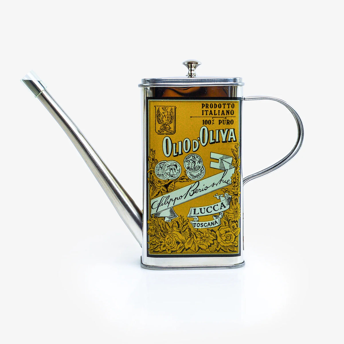 Vintage style stainless steel oil can with olive branch design, made in Italy by My Italian Decor.