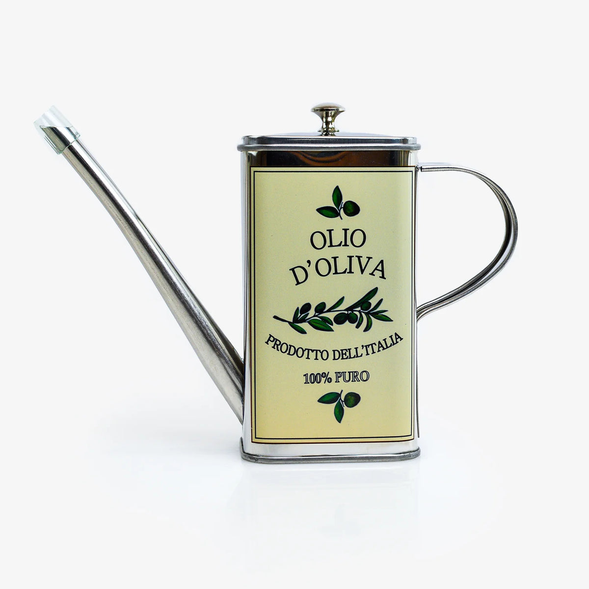 Vintage style stainless steel oil can with olive branch design, crafted in Italy by My Italian Decor.