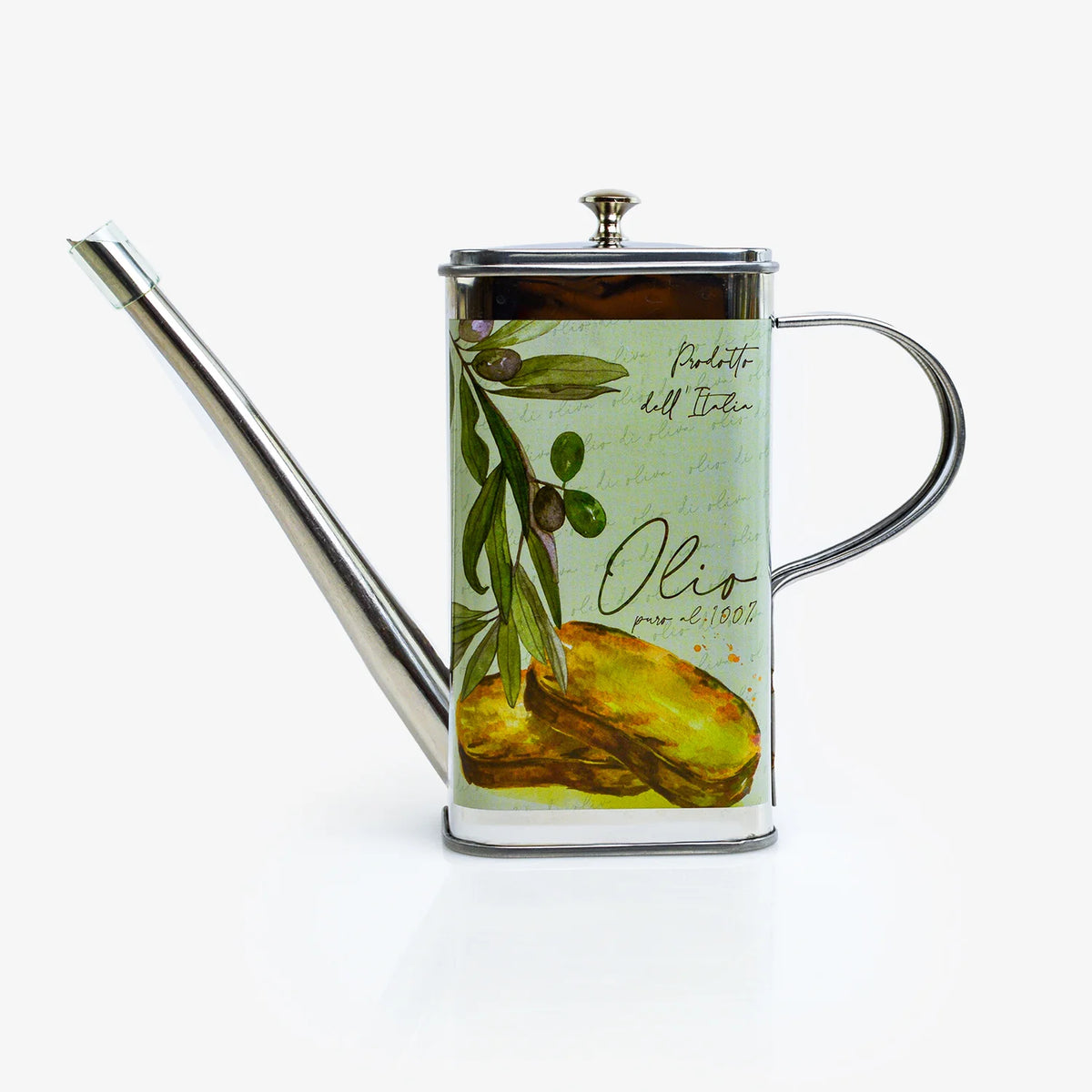 Vintage-style stainless steel oil can with a rustic design, made in Italy, featuring a classic oil can shape and textured surface.