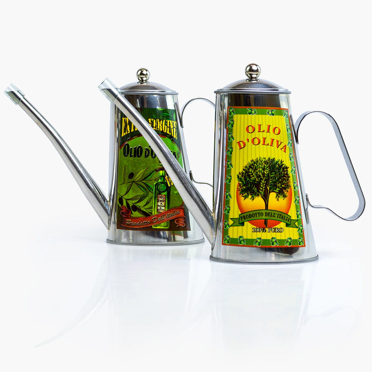 Vintage style stainless steel oil can with olive branch design, made in Italy, by My Italian Decor.