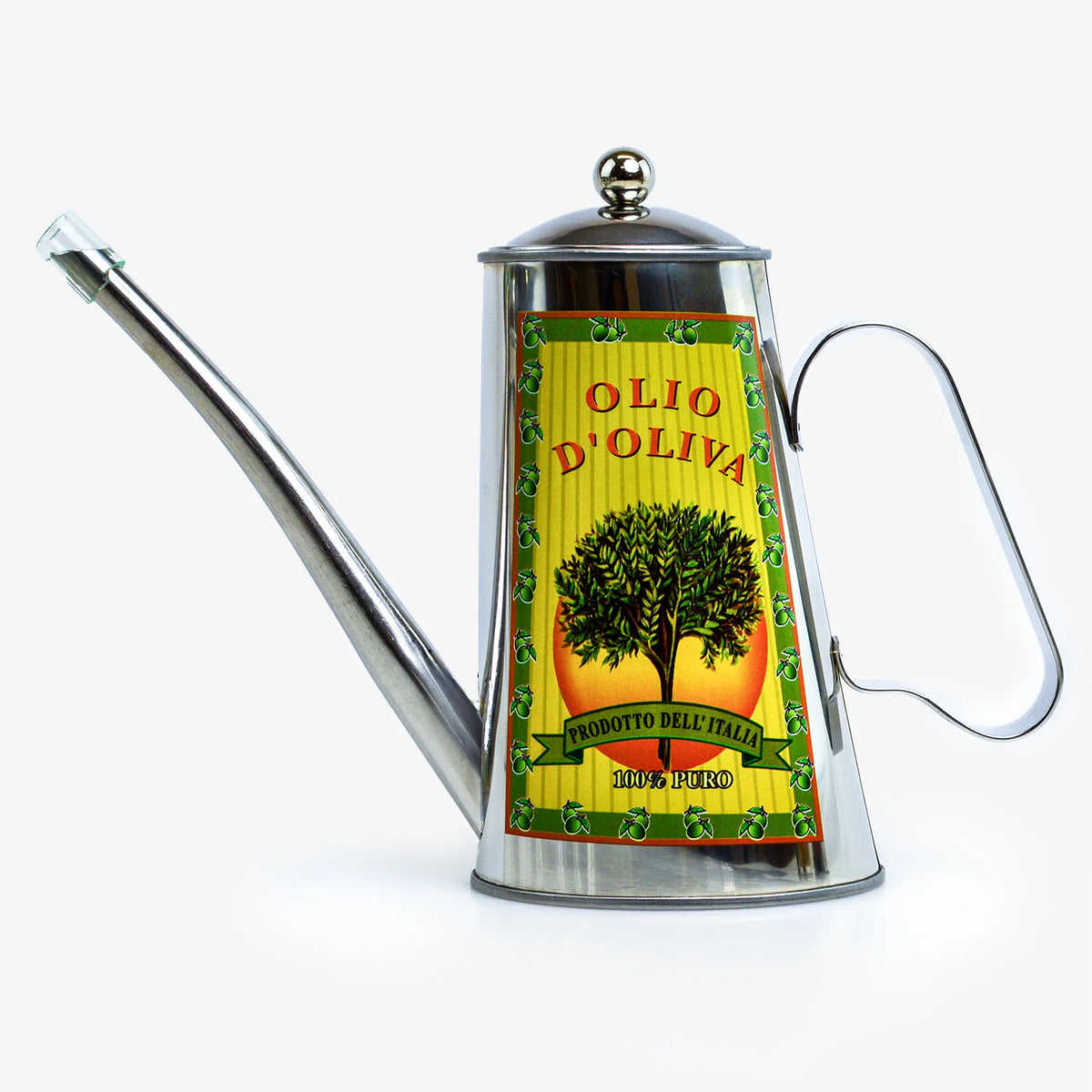 Vintage-style stainless steel oil can with olive branch design, made in Italy by My Italian Decor.