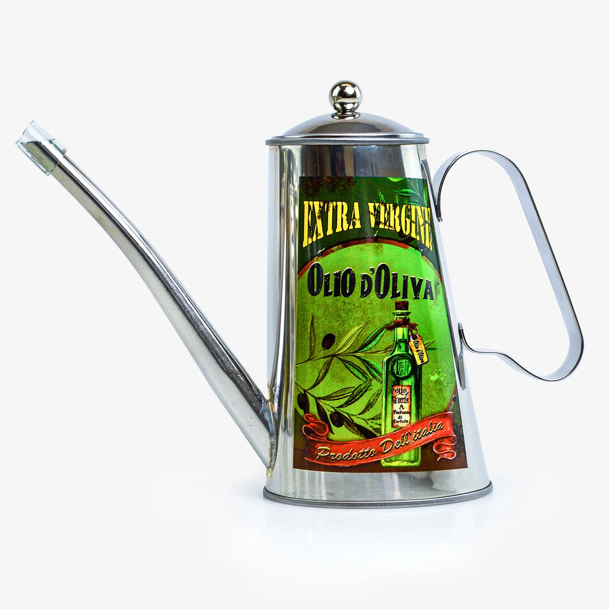 Vintage style stainless steel oil can with olive branch design, made in Italy by My Italian Decor, displayed on a rustic surface.