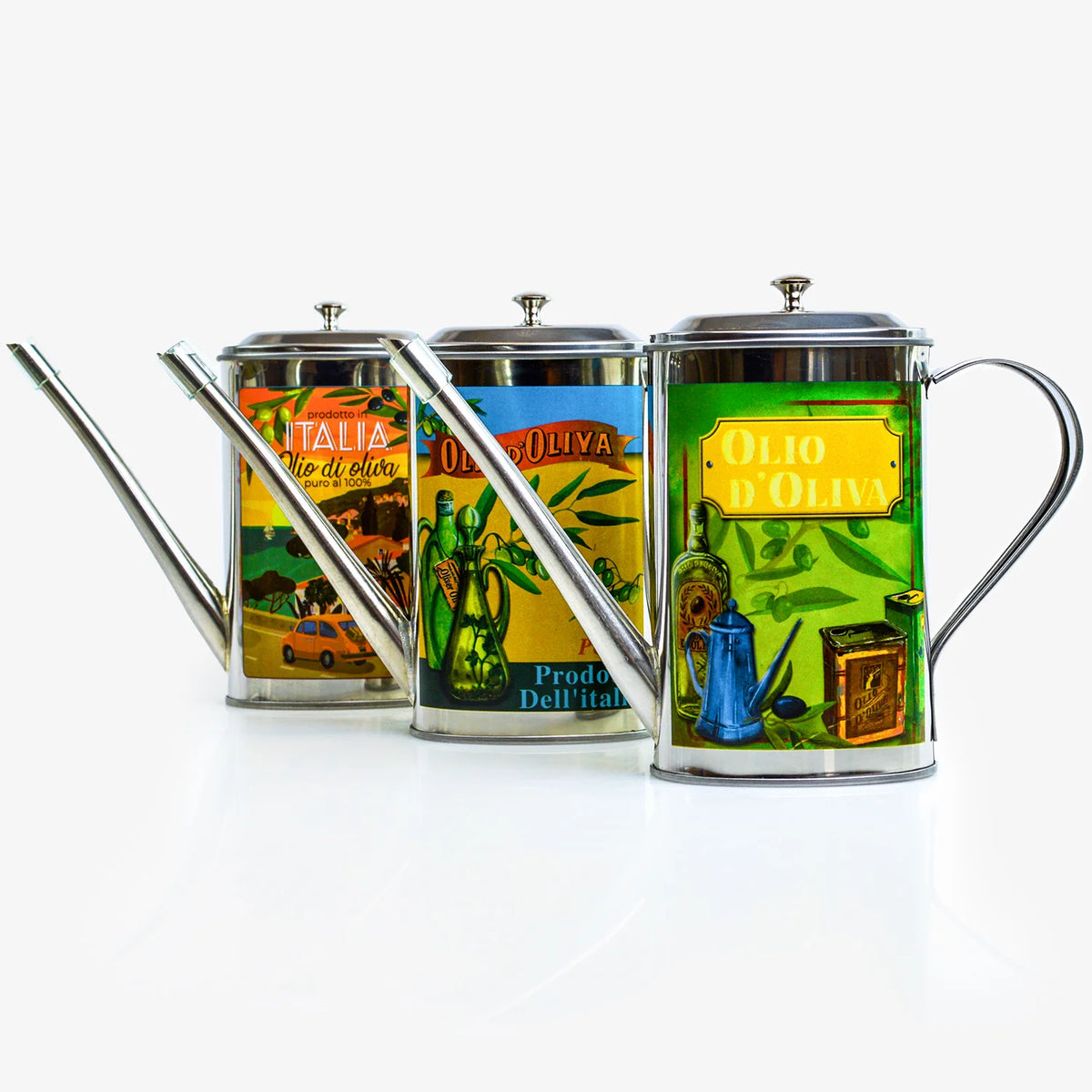 Vintage style stainless steel oil can with olive motifs, made in Italy, by My Italian Decor.