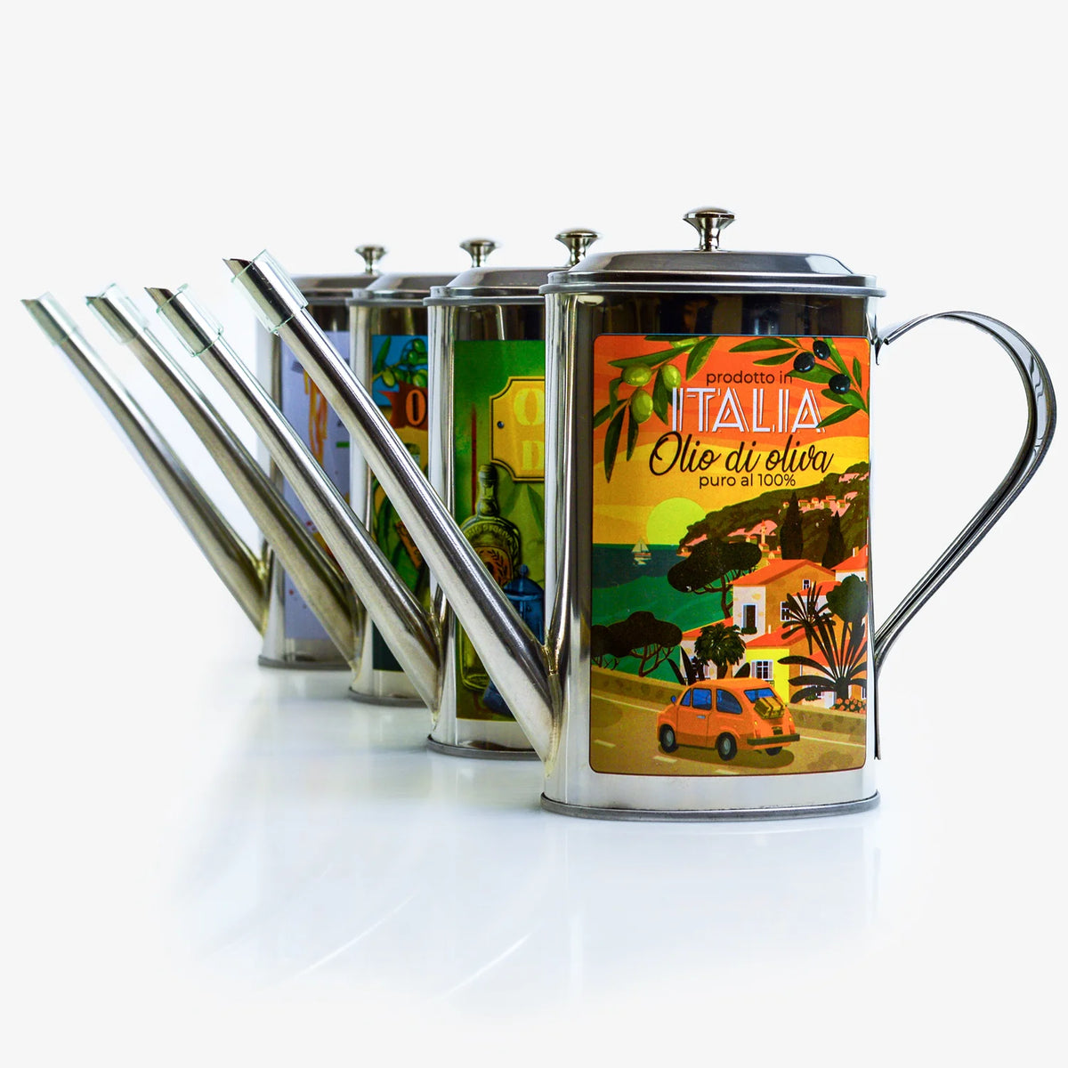 Vintage stainless steel oil can with olive branch design, made in Italy by My Italian Decor.