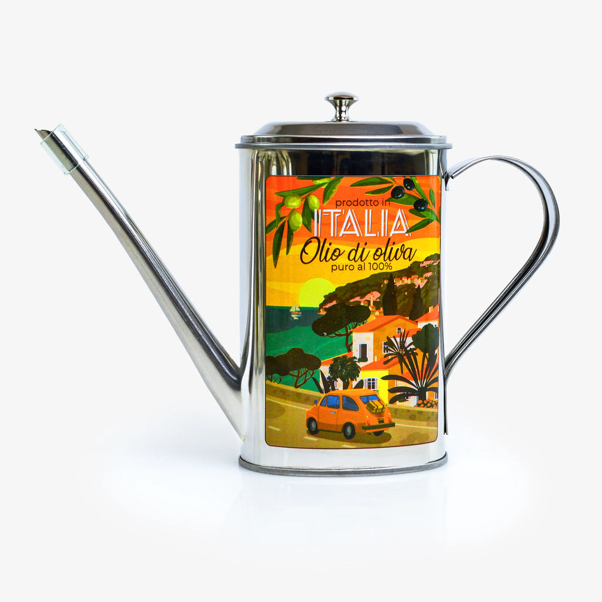 Vintage-style stainless steel oil can with olive branch design, made in Italy, by My Italian Decor.