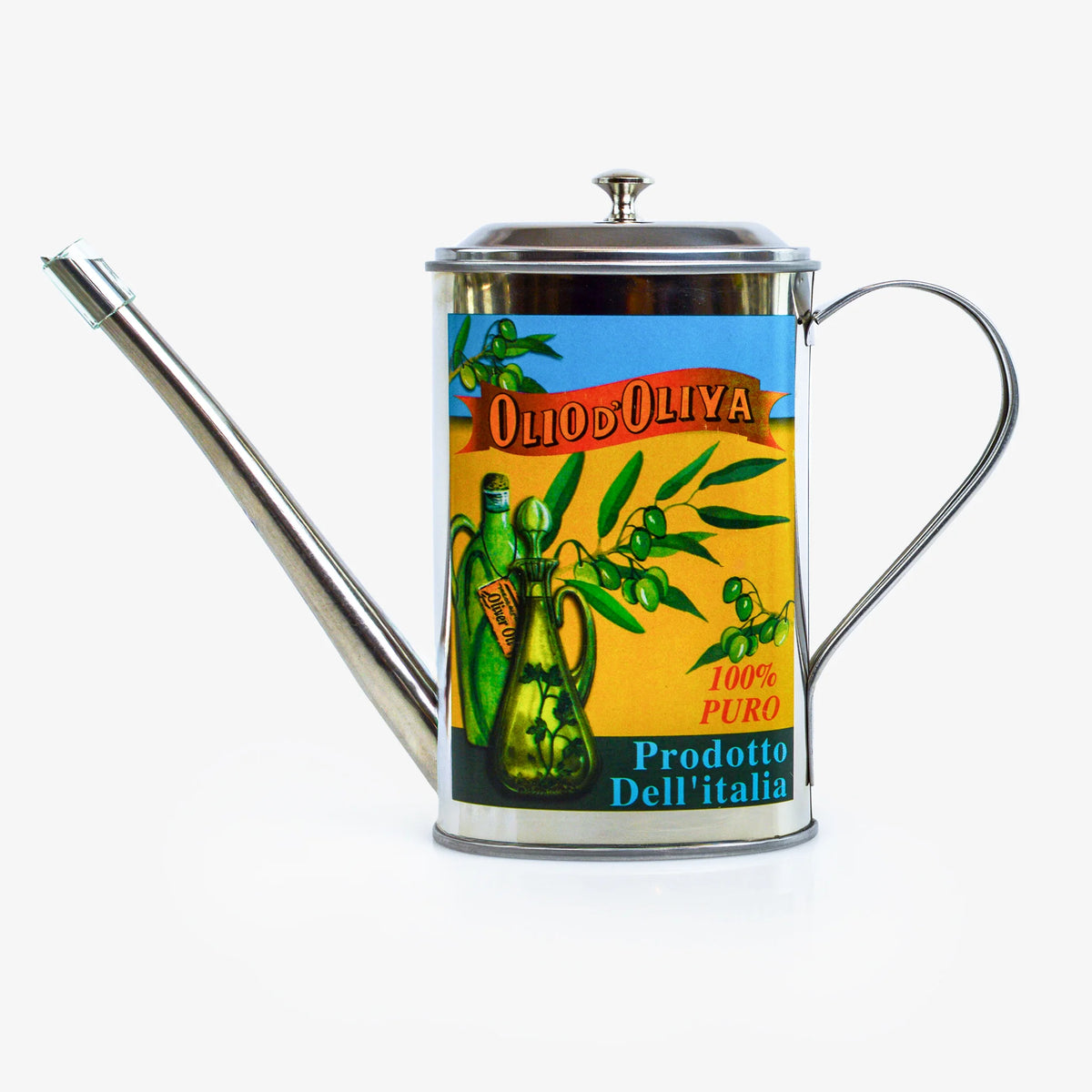 Vintage style stainless steel oil can with olive branch design, made in Italy by My Italian Decor