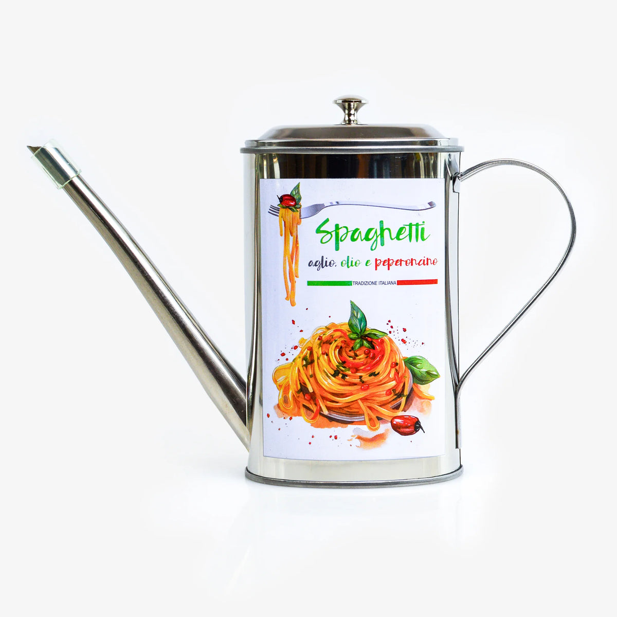 Vintage style stainless steel oil can with olive branch design, made in Italy by My Italian Decor.