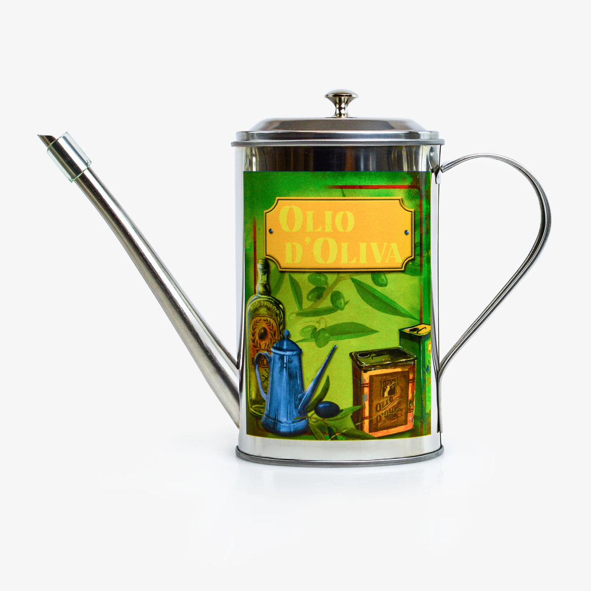 Vintage-style stainless steel oil can with a rustic finish, crafted in Italy, by My Italian Decor, suitable for kitchen or decor use.