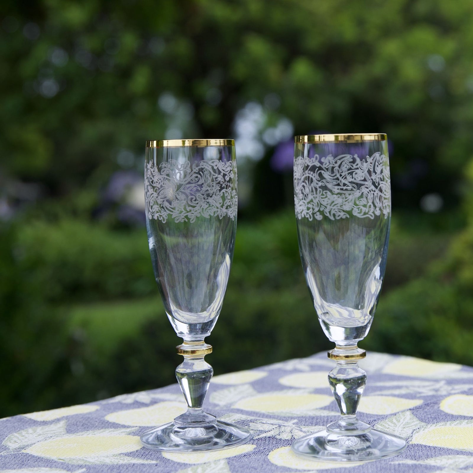 Set of 2 Gold Rim Etched Italian Paolina Champagne Flutes - My Italian Decor