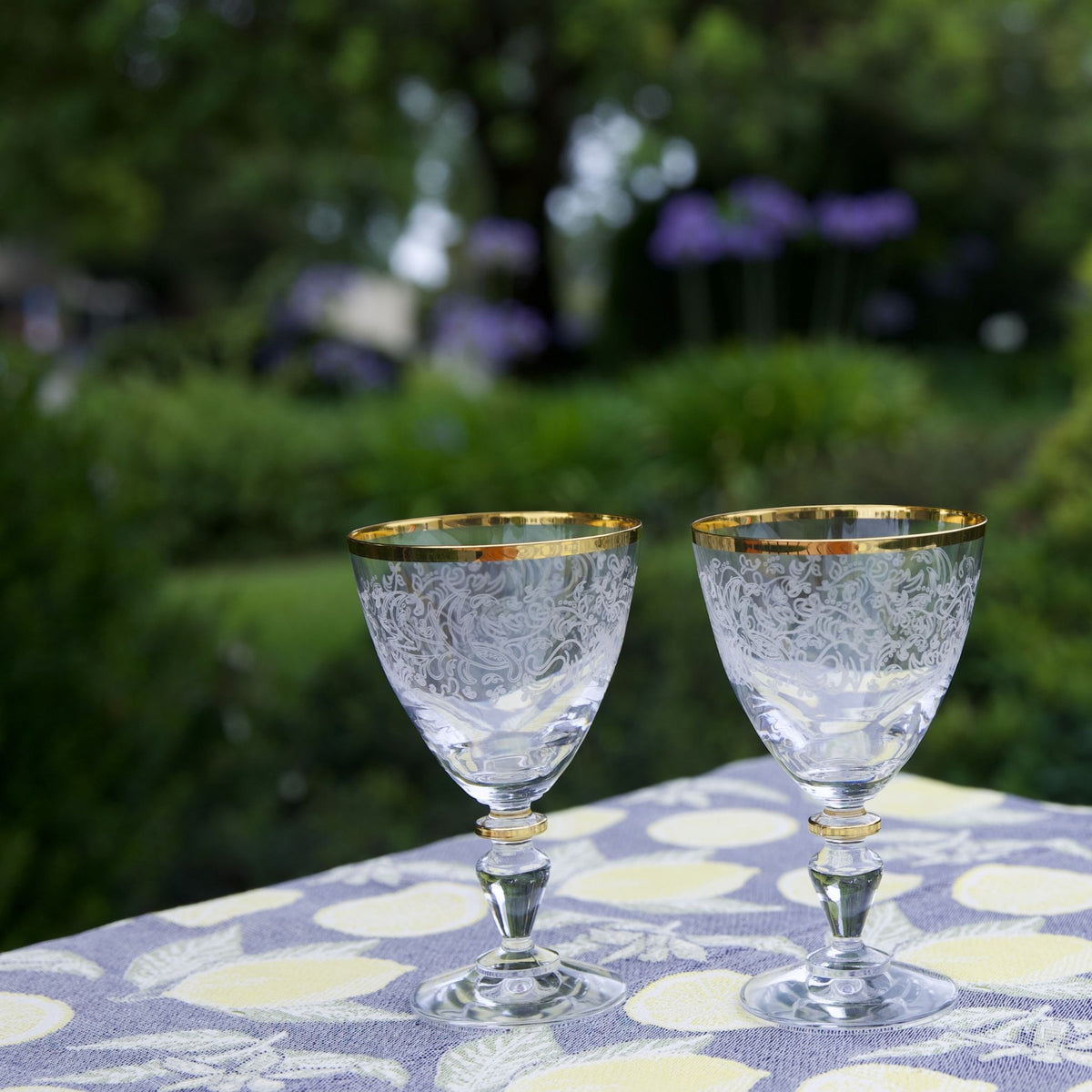 Set of 2 Gold Rim Etched Italian Paolina Wine Goblets - My Italian Decor