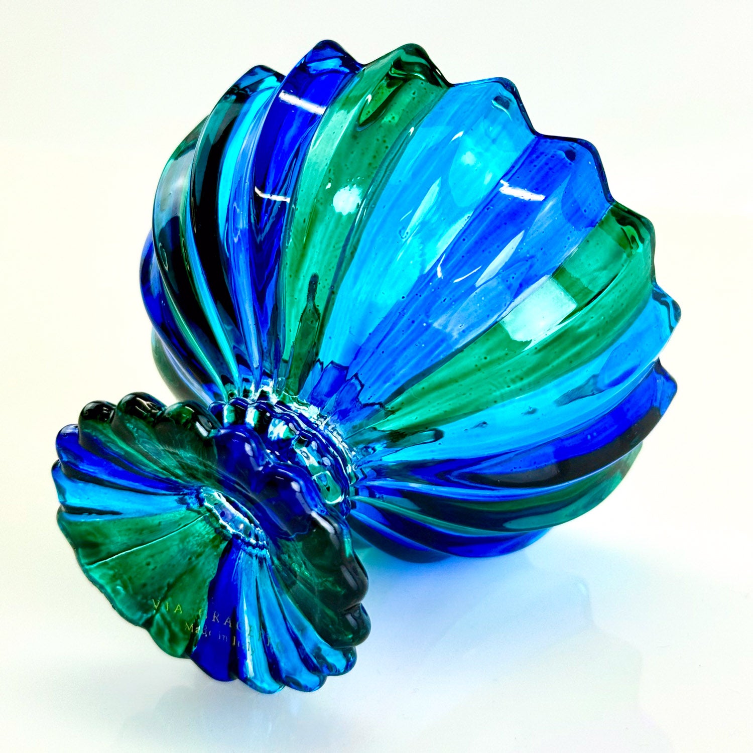 Blue and green crystal parade bowl by DZ, small decorative Italian bowl with intricate details and vibrant colors.