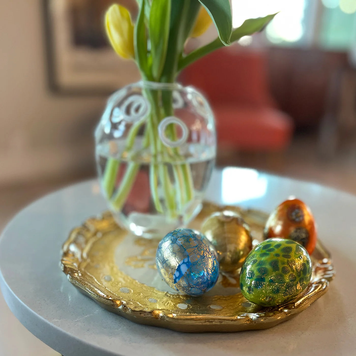 Colorful Murano glass egg figurine by My Italian Decor, handcrafted Italian glass art for decorative display.