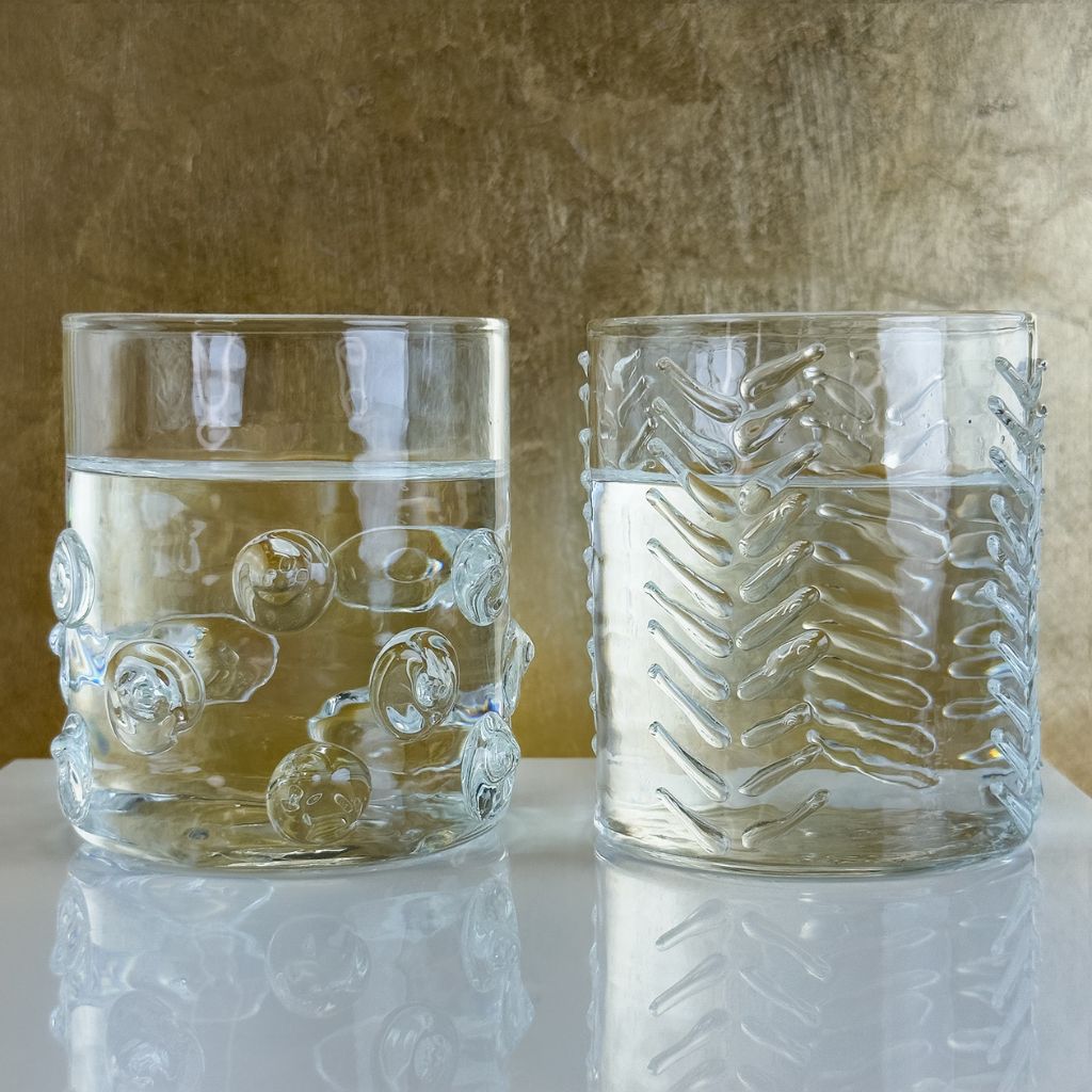 Elegant fine Italian blown glass tumbler by My Italian Decor, showcasing a clear, handcrafted whiskey glass with intricate details.