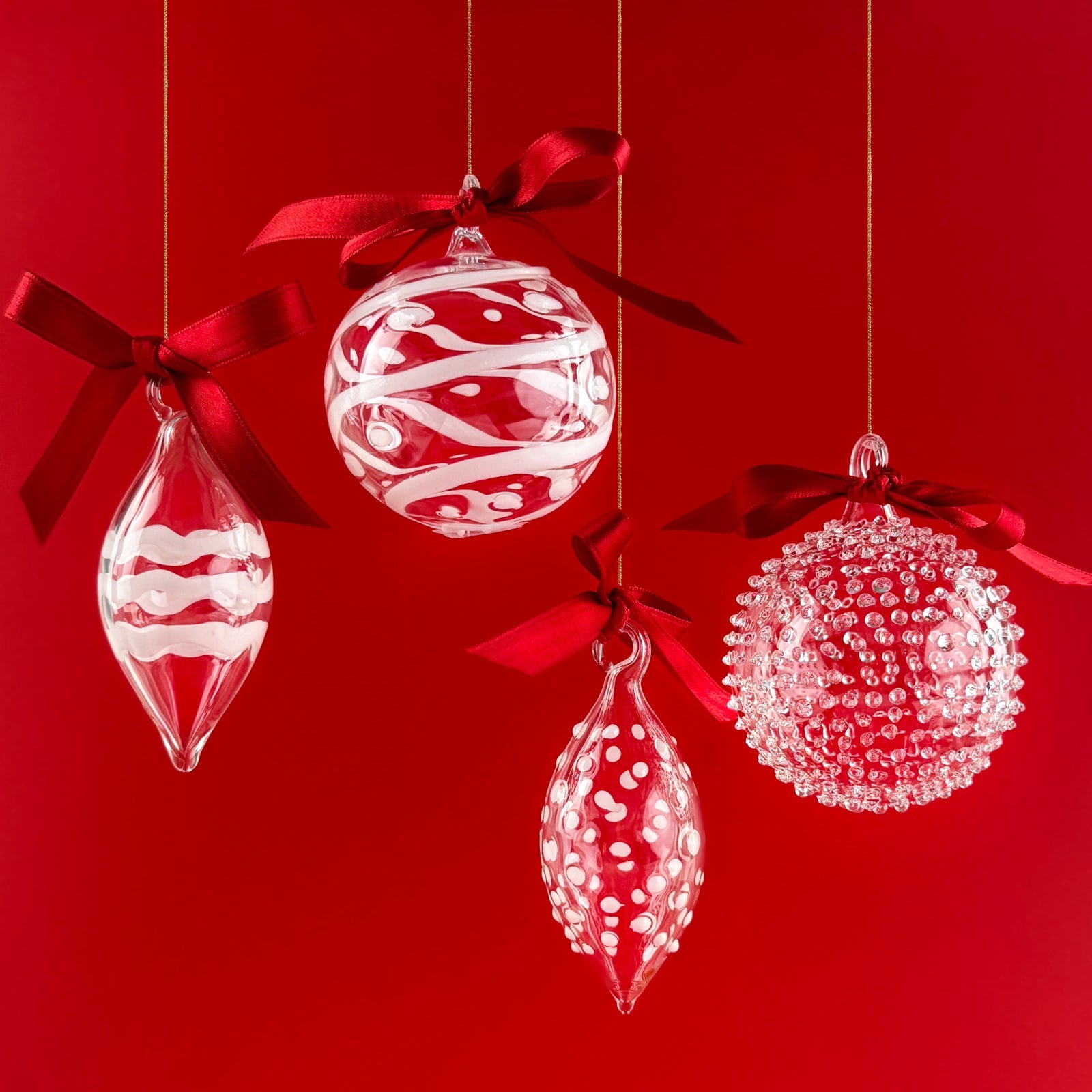 Set of 4 - Blown Clear Glass Texture Ornaments, Made in italy - My Italian Decor