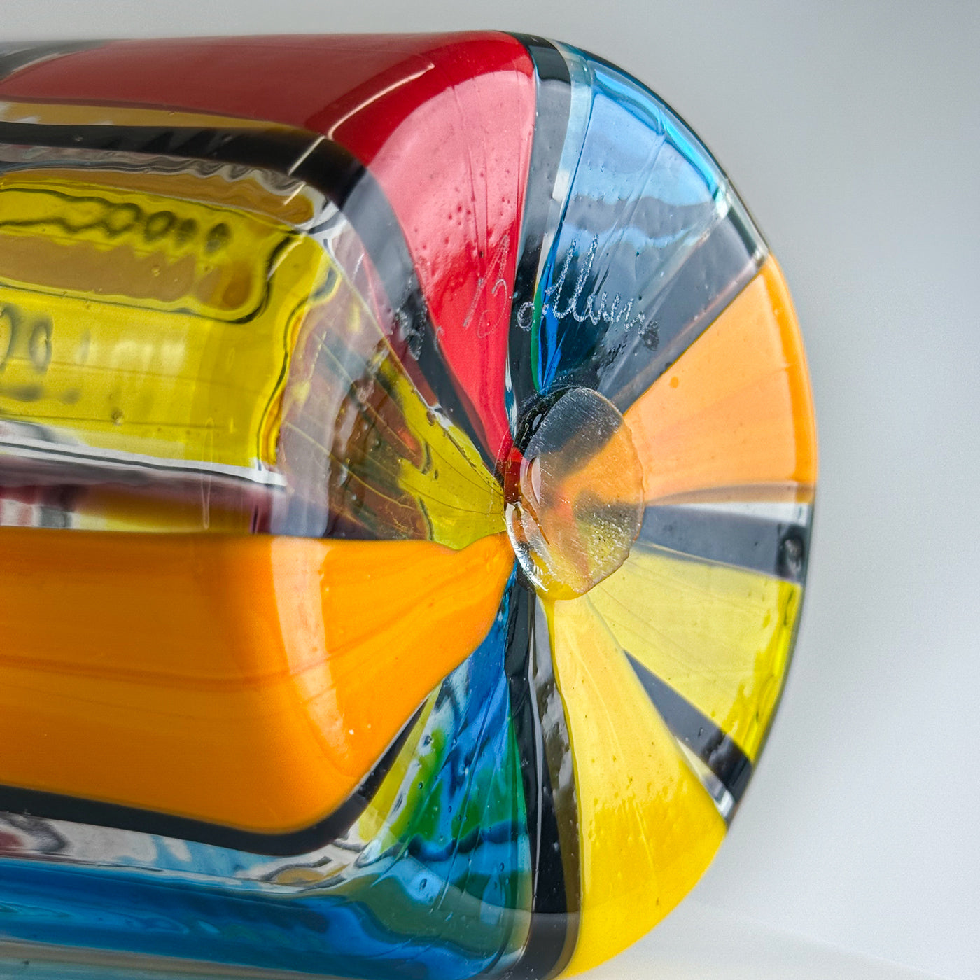 Large Murano Glass Cylinder Vase by Pazzia, signed by artist, featuring vibrant colors and smooth glass finish.