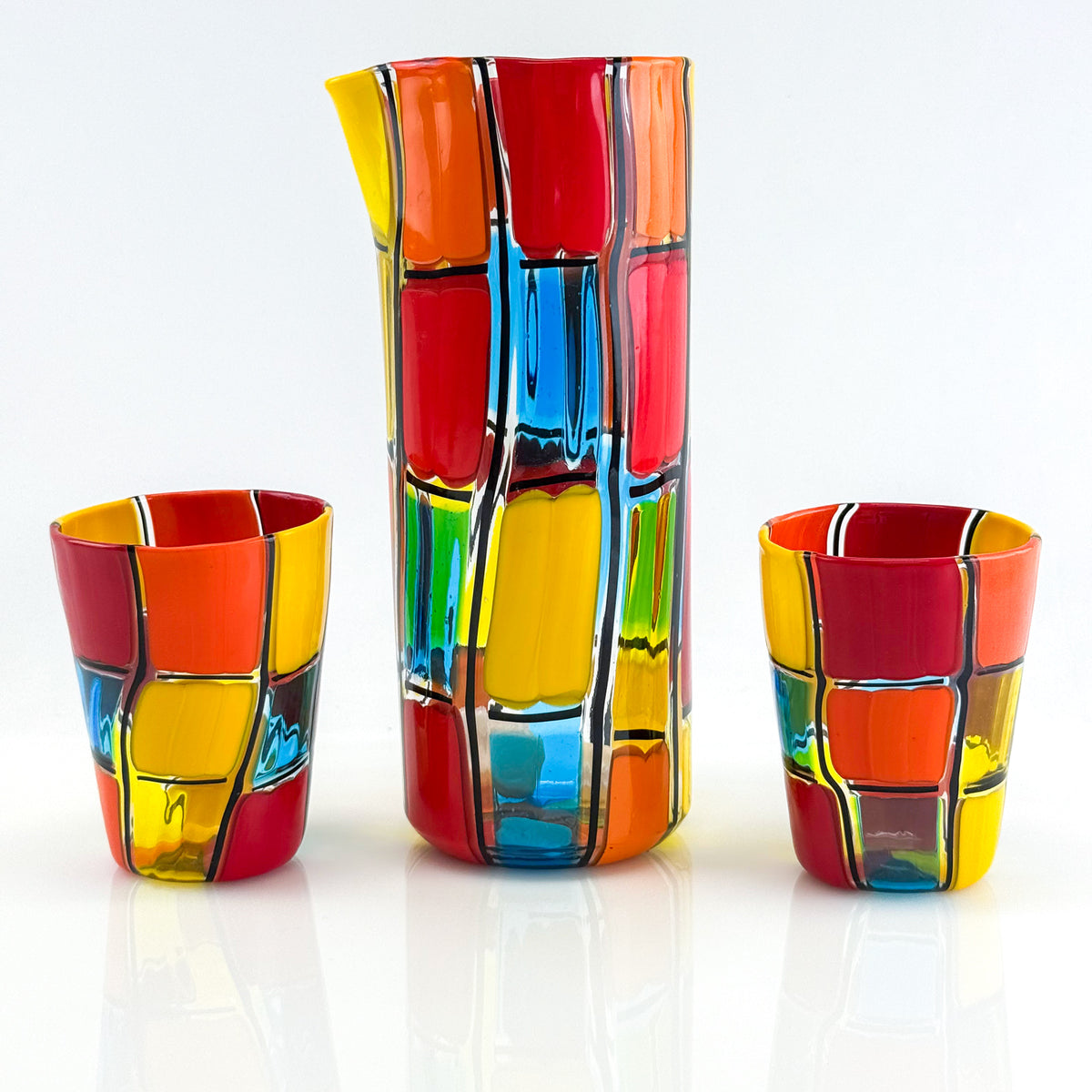 Set of 2 Drinking Glasses, Carafe, Pazzia - Handblown Murano Glass