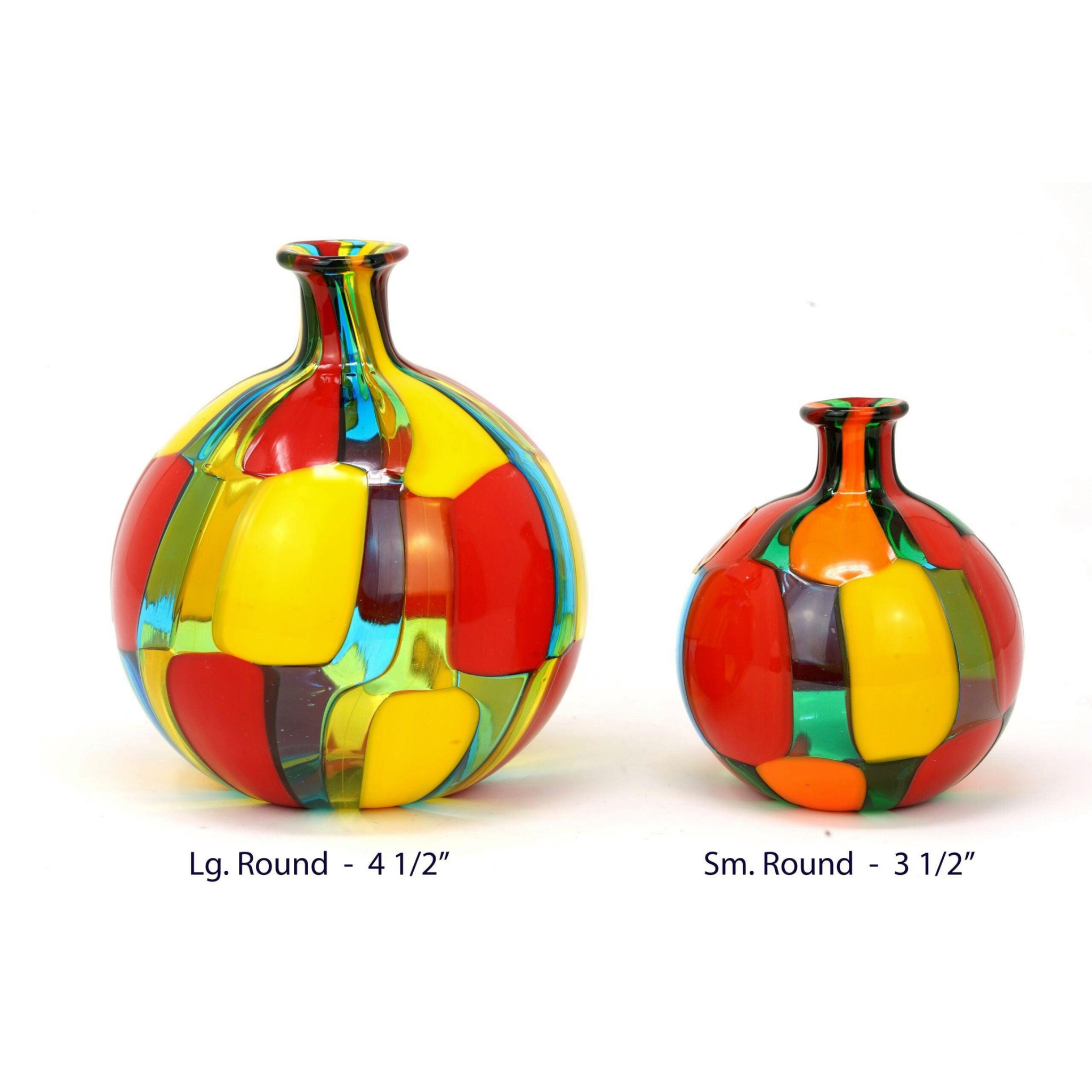 Handblown Murano glass perfume bottles by Pazzia, decorative glass art with vibrant colors and intricate designs.
