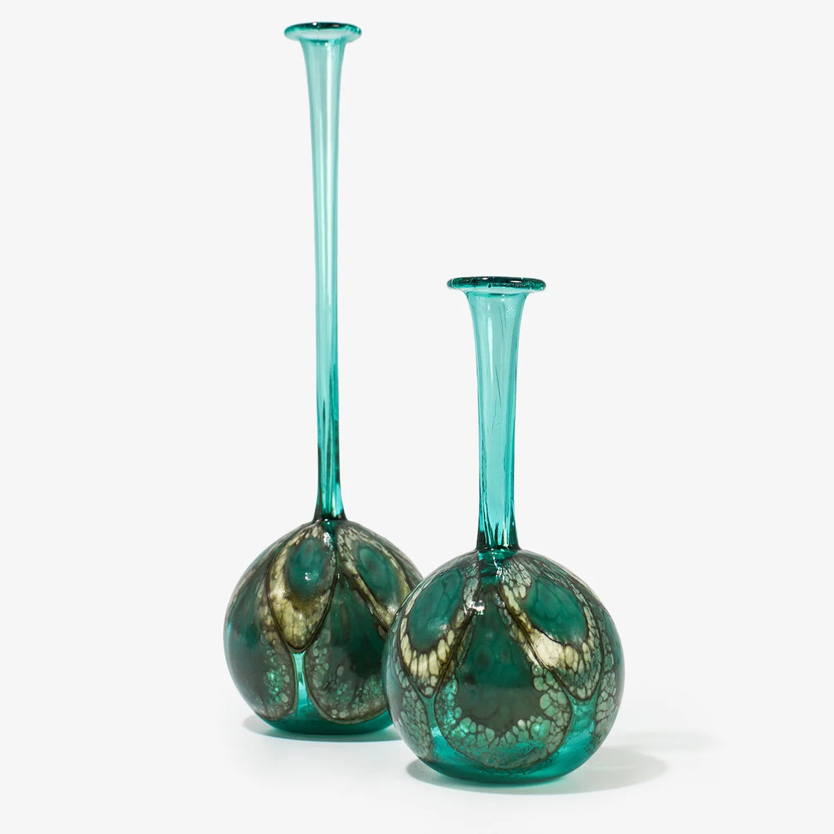 Murano glass peacock-shaped decorative bottle or bud vase with vibrant colors and intricate design by My Italian Decor.