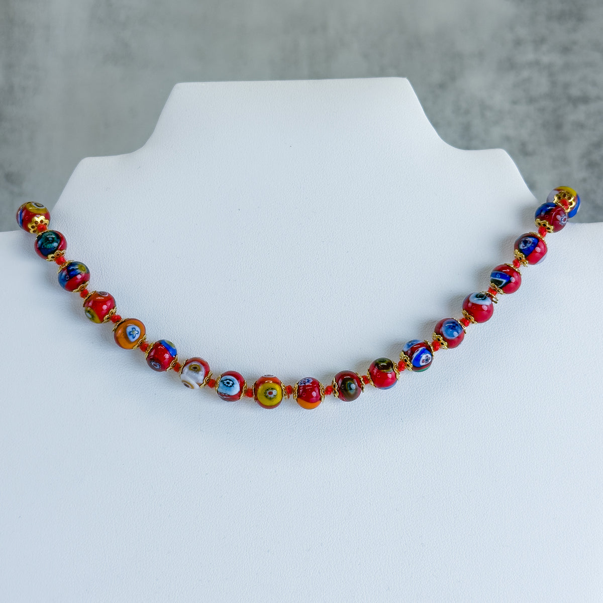 Red Millefiori Beaded Necklace - Murano Glass